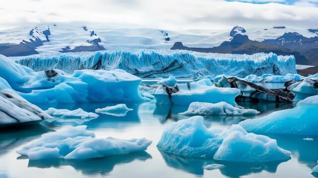 A serene landscape of a glacial lake with floating icebergs and a mountainous backdrop