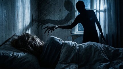 Woman sleeping in bed while scary shadow monster looms over her. Night terror and psychological thriller scene featuring terrifying spirit. Paranormal activity and sleep paralysis concept.