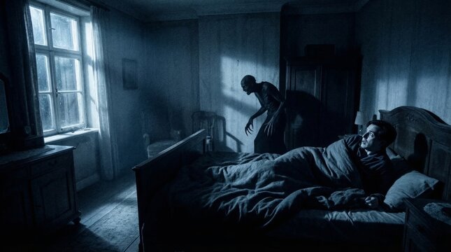 Frightened man lying in bed awakened by a terrifying supernatural monster in a dark bedroom at night. Concept of sleep paralysis and demonic presence. Horror scene for thriller theme.