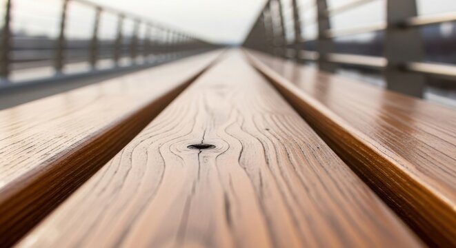 Wooden planks on bridge extend into distance, creating strong leading lines and deep perspective. Visual emphasizes path, journey, or future direction.