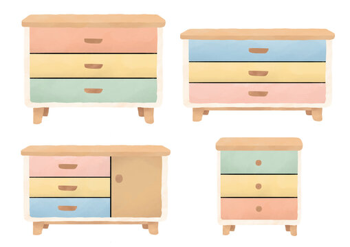 Conjunto der C&ocirc;modas com cores pasteis e agrad&aacute;veis isoladas - Ilustra&ccedil;&atilde;o feita a m&atilde;o 