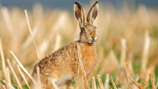 European Hare Hopping Across Harvested Field at Sunset, Wild Brown Hare Moving Through Stubble Field in Warm Evening Light, 4K