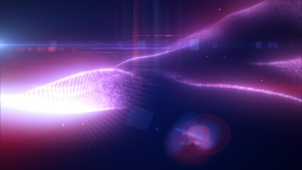 Purple energy glowing magic waves high-tech digital iridescent liquid plasma with light rays lines and energy particles. Abstract background © Bolbik
