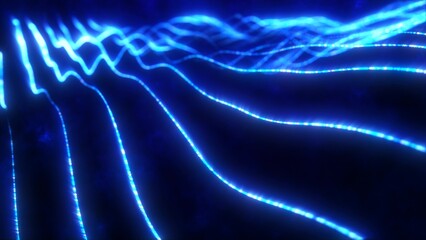 Blue energy glowing magic stripes waves lines high technology digital with light beams from energy particles. Abstract background © Bolbik