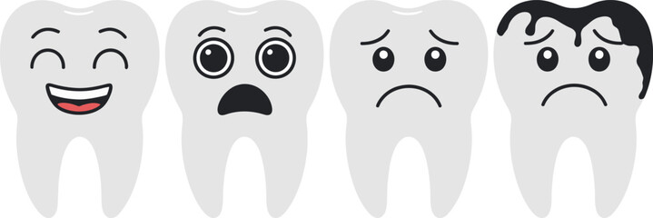 Four cartoon teeth visually explain the stages of dental health and decay. The sequence starts with a happy, healthy tooth and progresses to a shocked tooth, a sad tooth with a cavity, and finally a c
