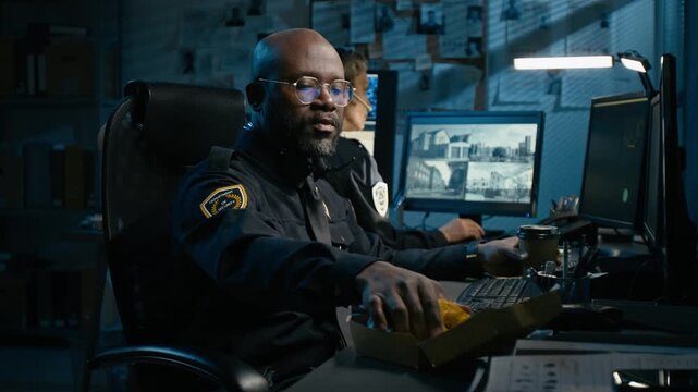 Side view shot of exhausted African American man working as police dispatcher sitting at desk in station and taking headset off with relief while enjoying donut and coffee with eyes closed, copy space