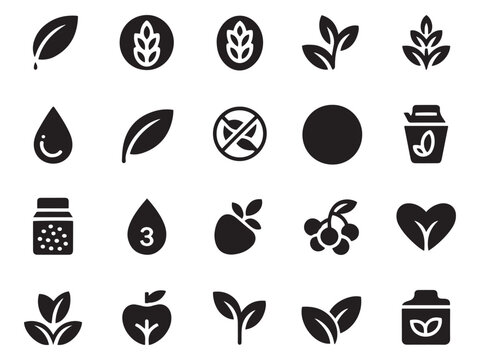 Collection of 20 essential glyph style icons for food health and nutrition labels