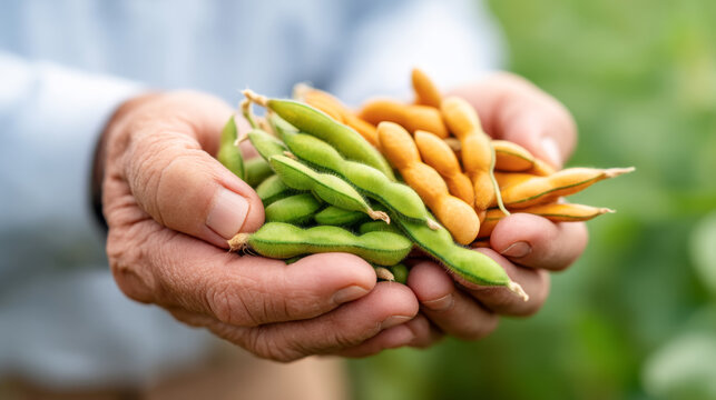 Abundant harvest: hands holding fresh green and yellow beans on farm