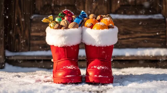 Red boots filled with candy and orange sitting on snowy stairs. Christmas holiday surprise concept for children. Traditional festive decoration on winter porch.