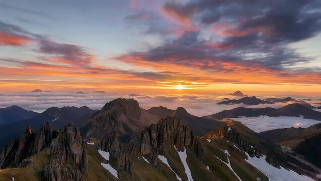 Spectacular 4K sunset over jagged mountain peaks with patches of white snow featuring dramatic orange and purple sky high quality scenic landscape photography style