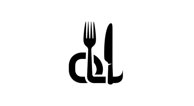 Abstract graphic logo design with stylized fork and knife integrated into letters, representing food, dining, and restaurant concepts.