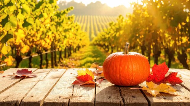 Orange pumpkin on wooden table with falling autumn leaf. Seasonal harvest background in vineyard. Thanksgiving festive decoration for fall holiday celebration theme.