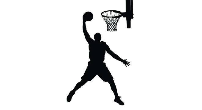Dynamic vector illustration silhouette of a basketball player executing a powerful slam dunk near the hoop
