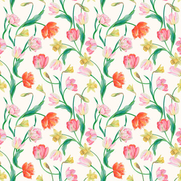 Watercolor Seamless Pattern with Tulips and Daffodils