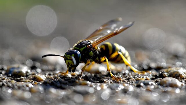 Macro shot of yellowjacket wasp standing on pebbled ground