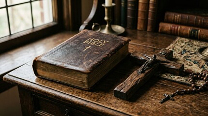 Holy Bible and Rosary Beads with Cross Symbolizing Christian Faith and Prayer Life