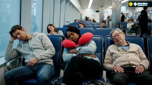 Tired passengers sleeping on chairs in airport terminal. Diverse group of man, woman and senior man resting while waiting for flight delayed trip travel delay.