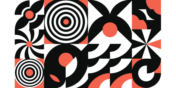Geometric abstract pattern with circles squares and semicircles in red