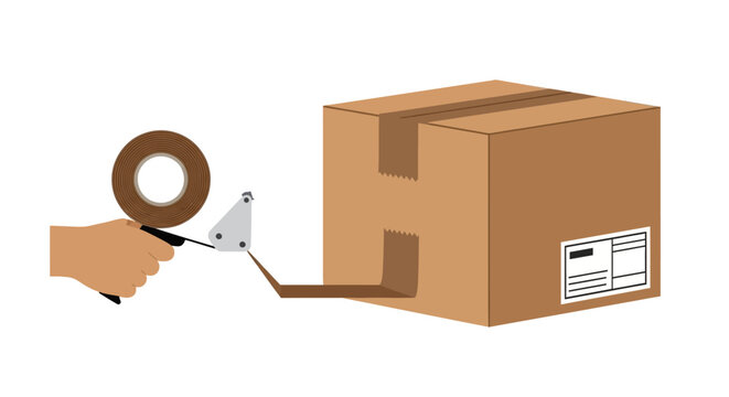 Hand sealing cardboard box with packing tape dispenser, shipping preparation