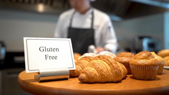 Baker displaying gluten free pastry on wooden tray in bakery kitchen. Professional cook preparing fresh baked goods for customer service in commercial restaurant.