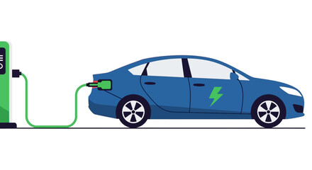Fototapeta premium Blue electric car charging at a charging station, modern eco-friendly transport