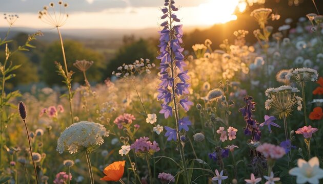 Scenic wildflower landscape with sunset backlight and blossoms high resolution Picture