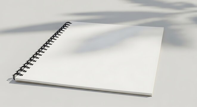 A blank spiral bound notebook on a white surface with shadows.