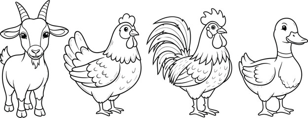 Fototapeta premium Cute farm animal vector set featuring a goat, hen, rooster, and duck in black and white line art for coloring.