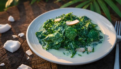 Fototapeta premium Healthy creamy spinach dish with coconut milk and slivered almonds served on a white plate outdoors