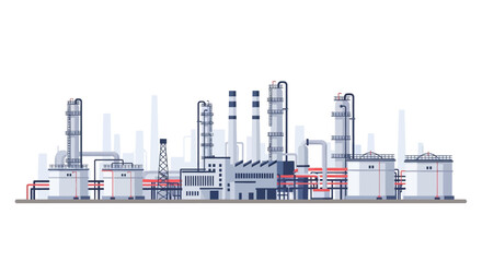 Obraz premium Industrial plant with cooling towers and chimneys in flat design