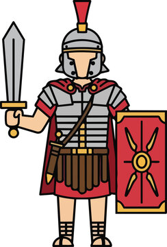 Roman Soldier Legionary Cartoon Character Ancient Warrior Armor Shield Sword History Vector Illustration Gladiator Military Design Icon.