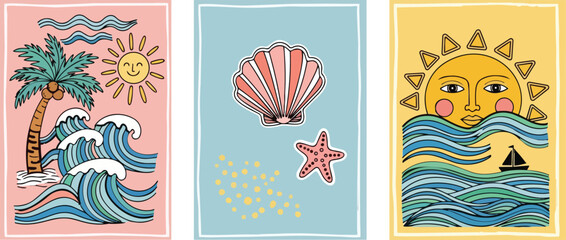 Naklejka premium Summer Beach Illustration Set Ocean Wave Sun Shell Tropical Design Illustration Vector Art Collection.