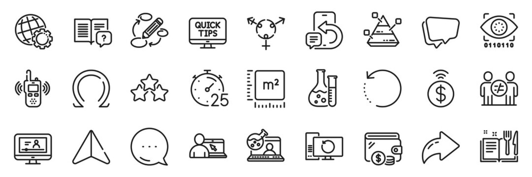 Timer, Phone message and Ranking stars line icons pack. Share, Message, Paper plane icons. Transmitter, Keywords, Wallet web icon. Globe, Instruction manual, Omega pictogram. Vector