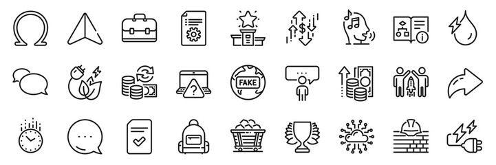 Fototapeta premium Coal trolley, Change money and Technical algorithm line icons pack. Share, Message, Paper plane icons. Dollar rate, Technical documentation, Fake news web icon. Vector