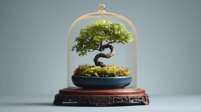 A small bonsai tree in a glass dome on a wooden base with moss and a blue pot