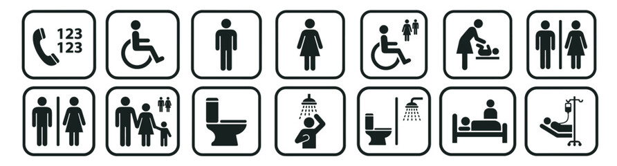 public restroom and bathroom facility icons including toilet, shower, accessibility wheelchair, baby care and hospital bed vector pictogram set on transparent background