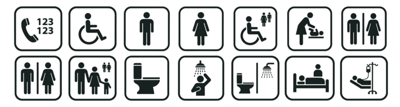 public restroom and bathroom facility icons including toilet, shower, accessibility wheelchair, baby care and hospital bed vector pictogram set on transparent background