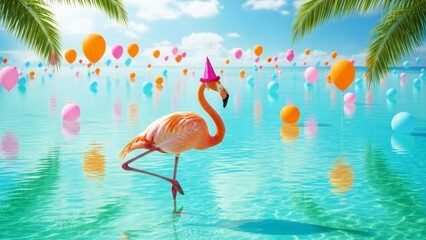 Obraz premium A pink flamingo wearing a purple party hat standing in shallow water with colorful balloons and palm trees in the background on a sunny day with a blue sky