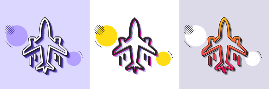 Plane line icon. Halftone dotted pattern. Gradient icon with grain shadow. Airplane travel flight sign. Airport transport symbol. Line plane icon. Various designs. Vector