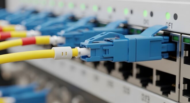 Network switch with ethernet cables connected.