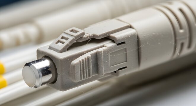 Close up of a fiber optic cable connector.