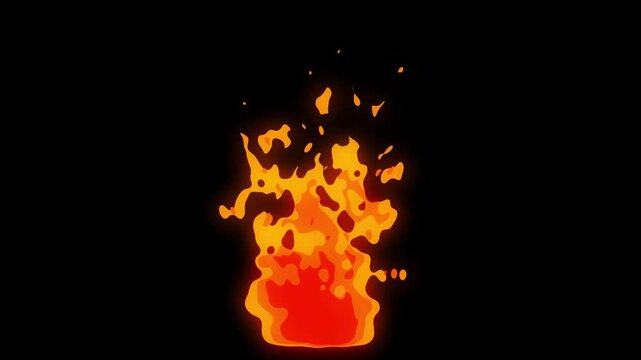 Fire flame tourch looping 2D animation, bonfire and big fire animation, A close-up of burning flames shows the fire effects, high speed flamethrower isolated on black background. 4k video