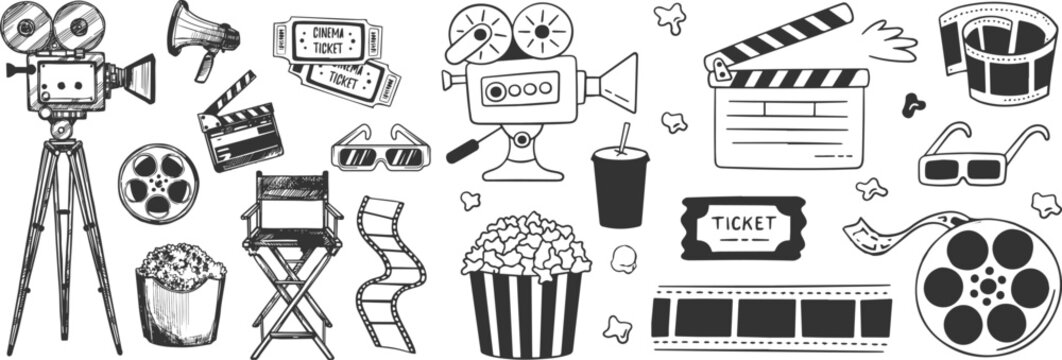 Hand Drawn Cinema Collection with Movie Camera, Clapper Board, Film Reel, Popcorn Box, Ticket and 3D Glasses Doodle Style Vector Illustration