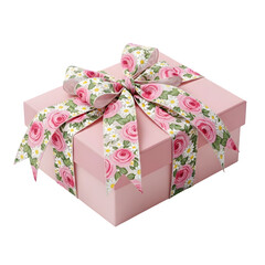 Pink gift box with floral ribbon tied around it isolated on transparent background