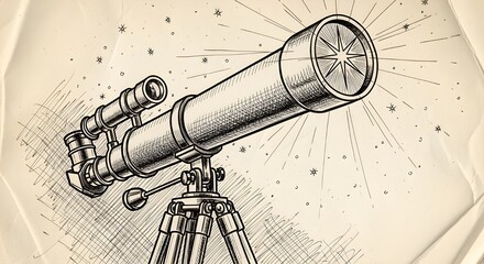 Fototapeta premium Detailed hand-drawn sketch illustration of a classic telescope on a sturdy tripod, searching for cosmic discoveries and shining stars.