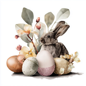 Watercolor Easter elegant illustration with brown hare, pastel subdued colors, elegant mood, decorated Easter eggs, spring flowers, decoupage style