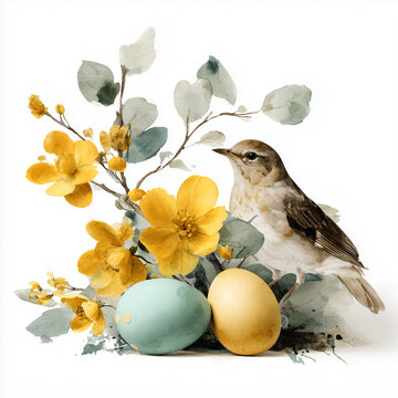 Watercolor Easter elegant illustration with bird, pastel subdued colors, elegant mood, decorated Easter eggs, spring flowers, decoupage style