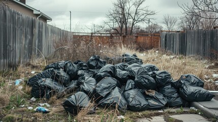 Large pile of black garbage bags in an overgrown backyard.