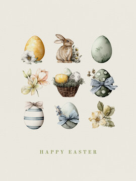 Elegant beige watercolor Easter card, eggs in basket and flowers, easter bunny, hand-painted look, pastel colors