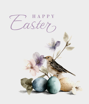 Elegant watercolor Happy Easter card with bird, eggs and flowers, hand-painted look, pastel colors, purple violet background